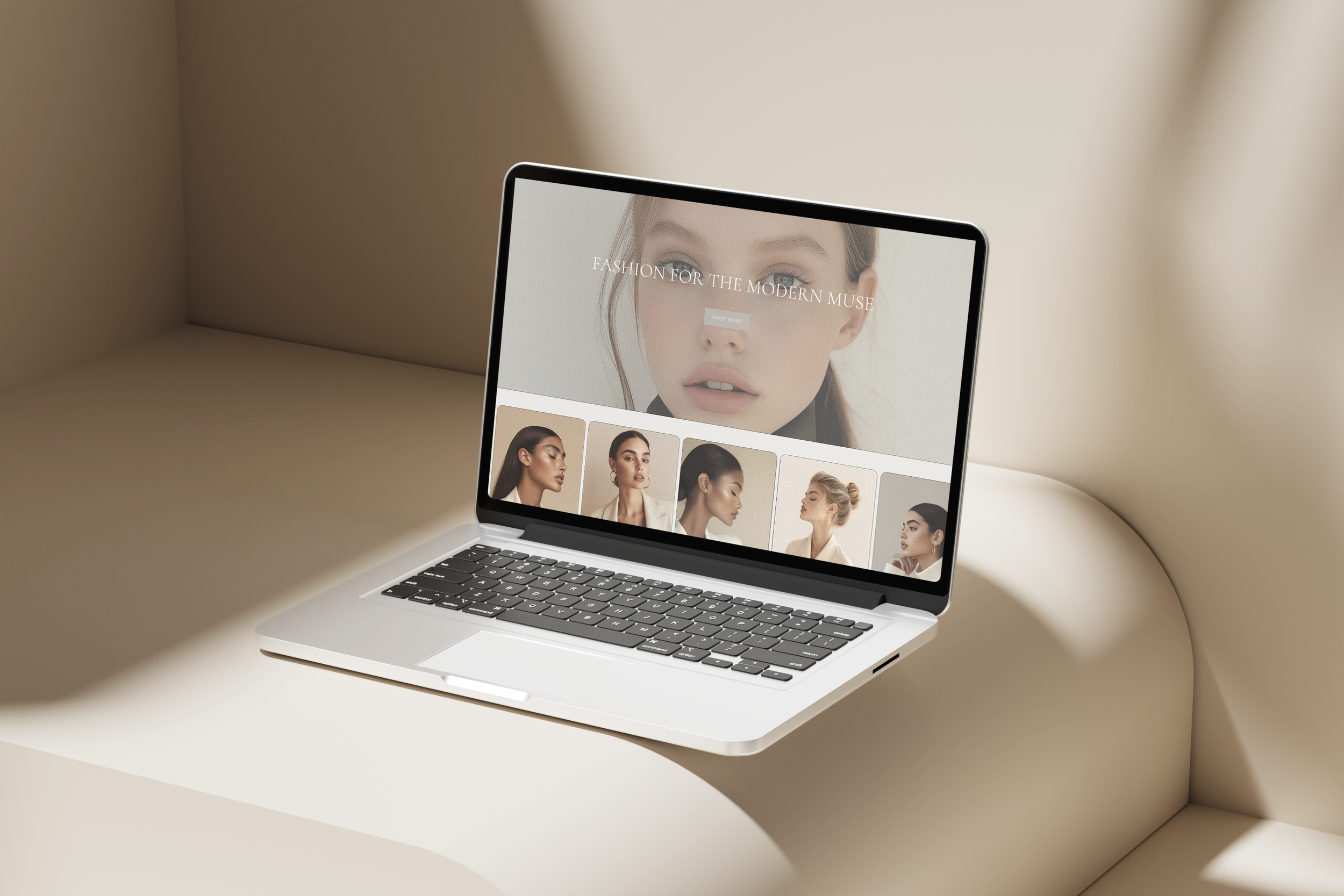 Open laptop displaying a fashion website with models in stylish attire against a neutral background, with a beige curved fabric surface underneath.