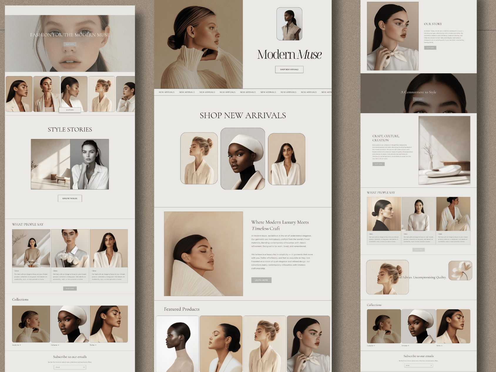 Three different fashion website homepage layouts featuring models in neutral-toned clothing, with sections for new arrivals, style stories, collections, and customer reviews.