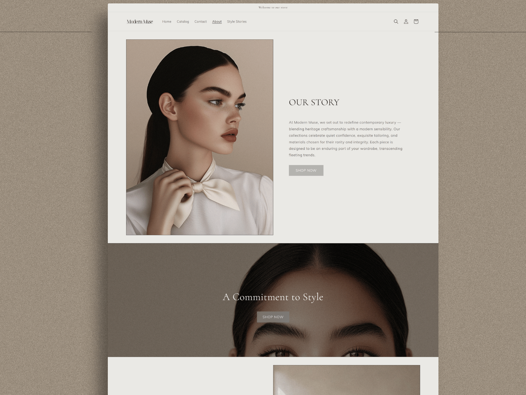 Screenshot of a fashion website titled "Modern Muse" with images of two women, one with dark hair and a white blouse with a bow, and the other with dark hair and natural makeup. The website features sections labeled "Our Story" and "A Commitment to Style" with accompanying "Shop Now" buttons.