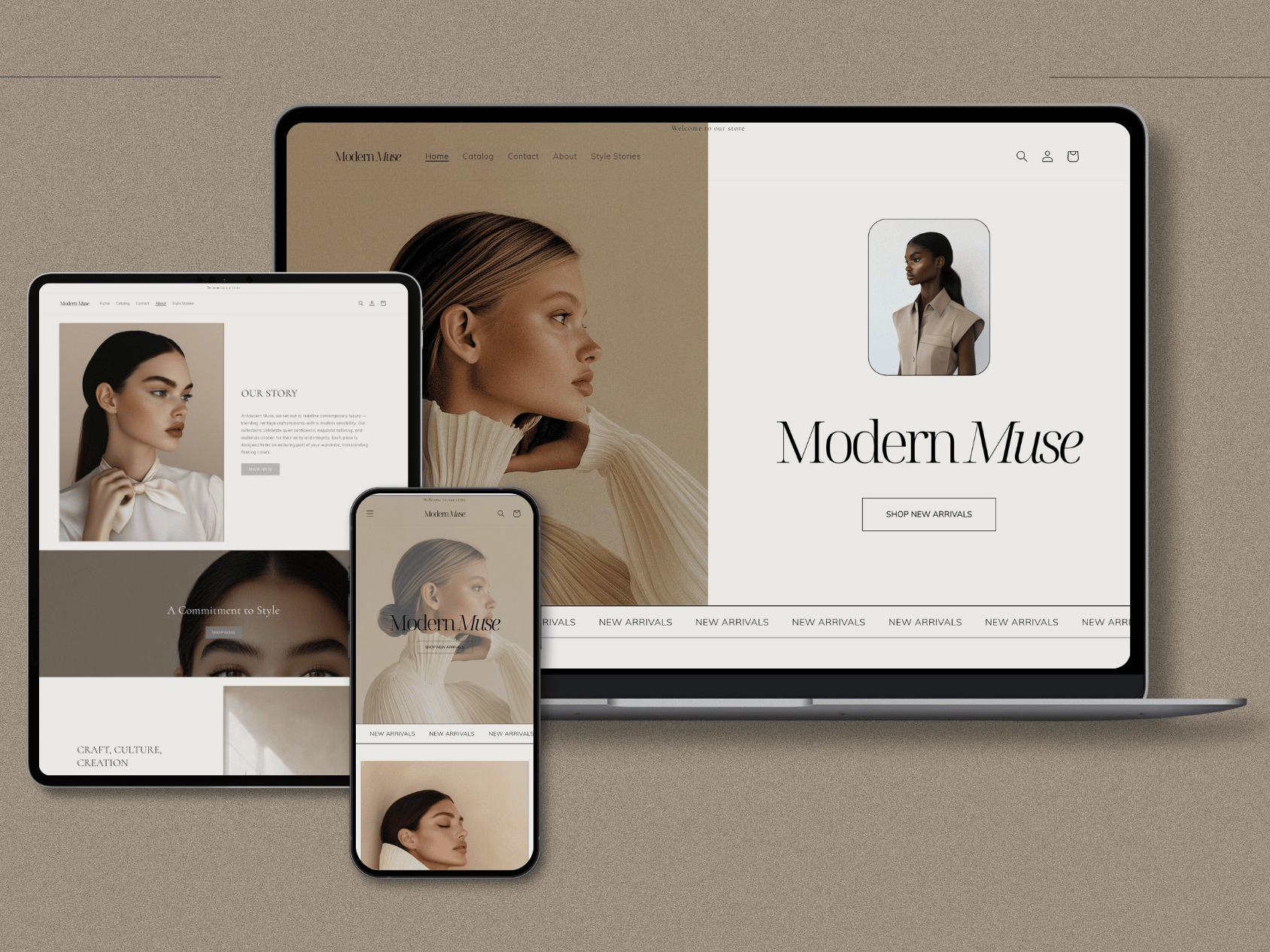 Responsive website displaying a fashion brand called Modern Muse, with images of models and links to shop new arrivals on multiple devices.