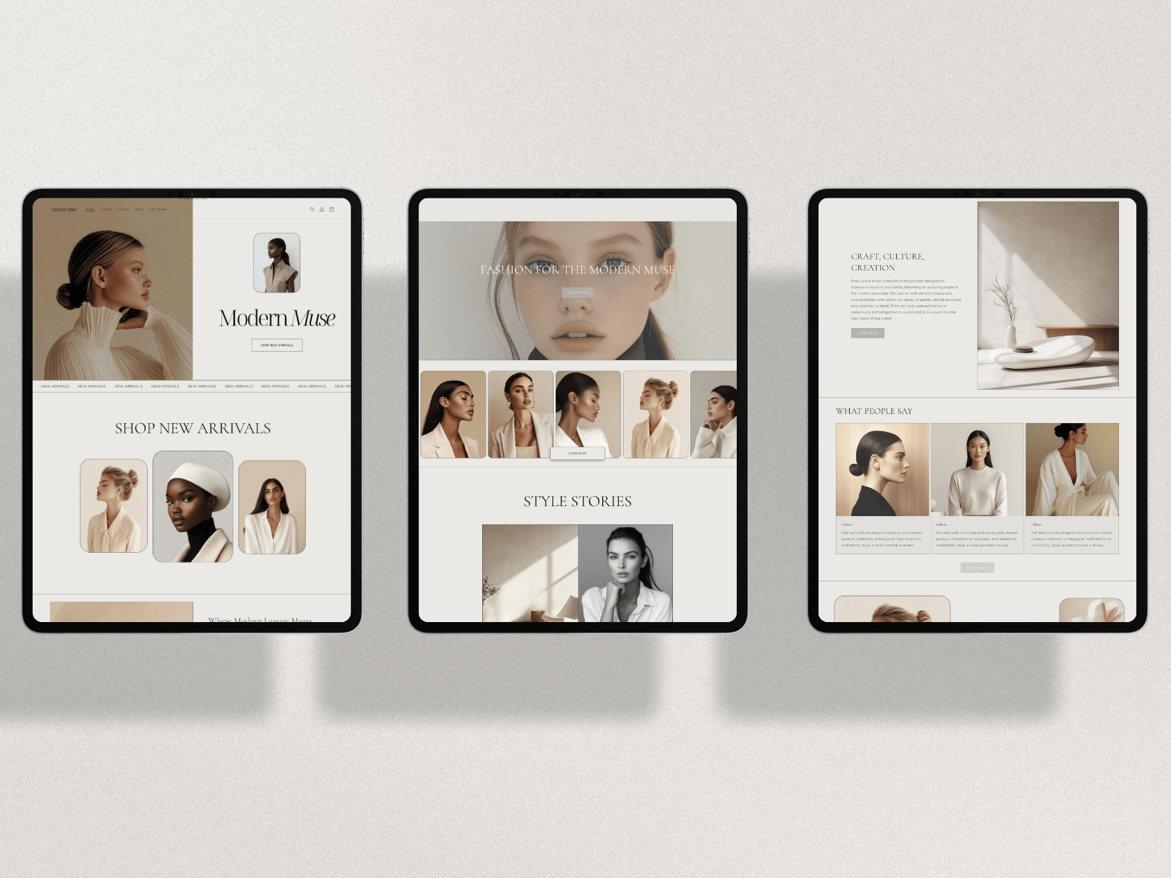 Three tablet screens displaying a minimalist fashion website with models, fashion stories, and customer reviews on a white background.
