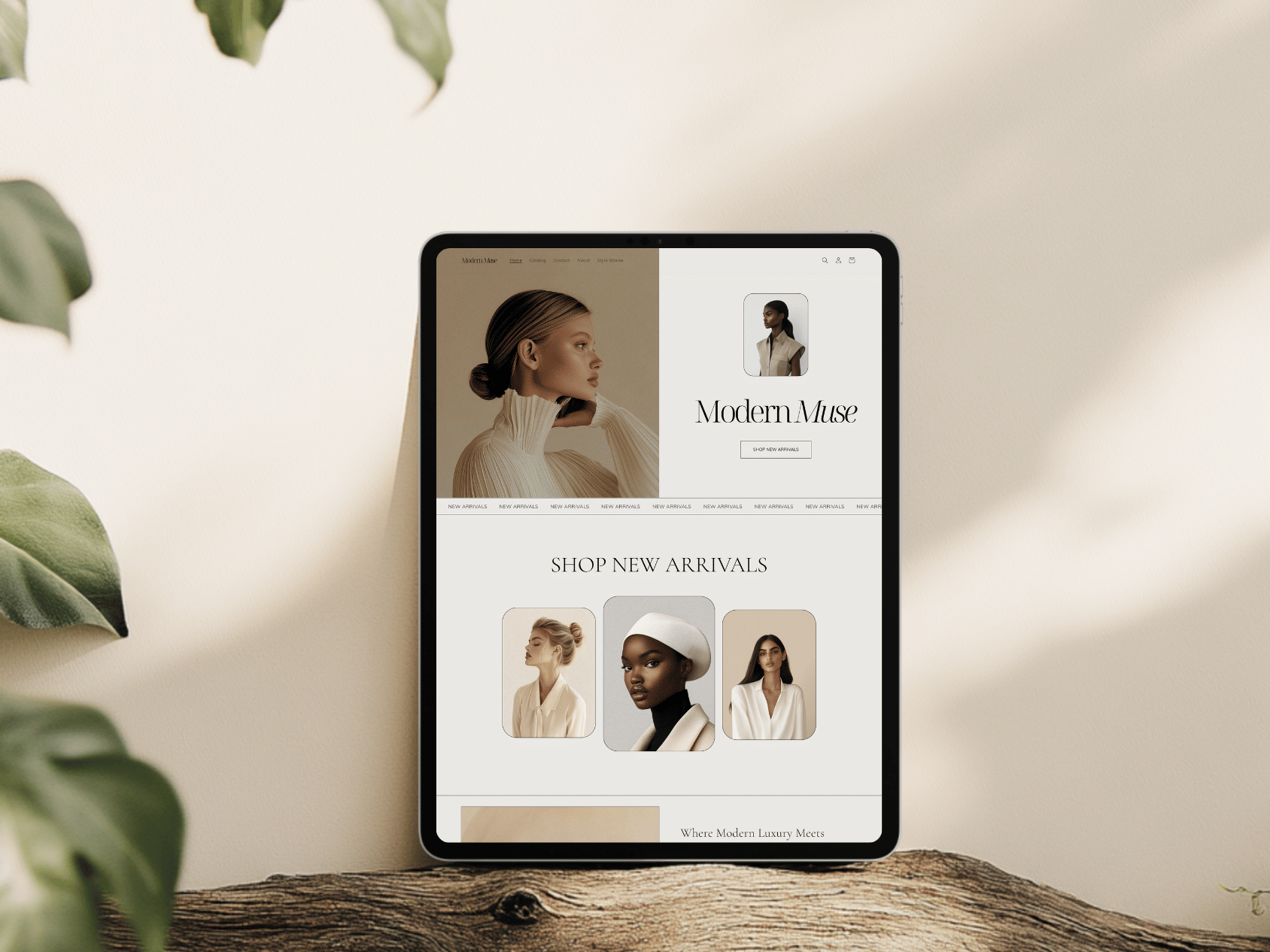 Tablet displaying a fashion website called Modern Muse, featuring models in neutral-toned clothing and announcing new arrivals.