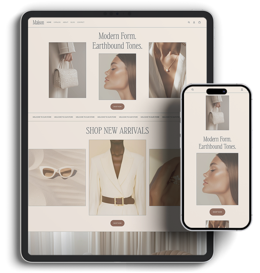 An iPad and iPhone displaying a minimalistic online fashion store website with clothing and accessory images, neutral tones, and a focus on modern, earthbound aesthetics.