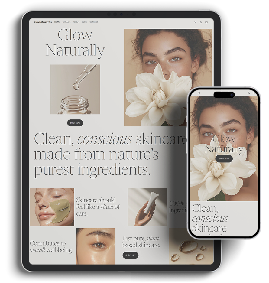 A digital display of a skincare website on a tablet and smartphone, showing a woman's face partially obscured by a white flower, with a clear skincare product and text about natural skincare ingredients.