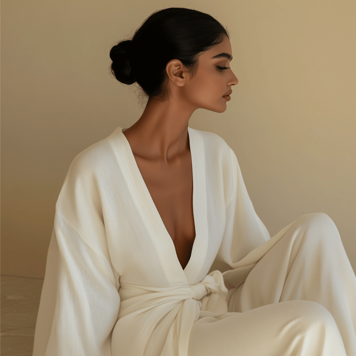 Woman with dark hair sitting and turned to the side