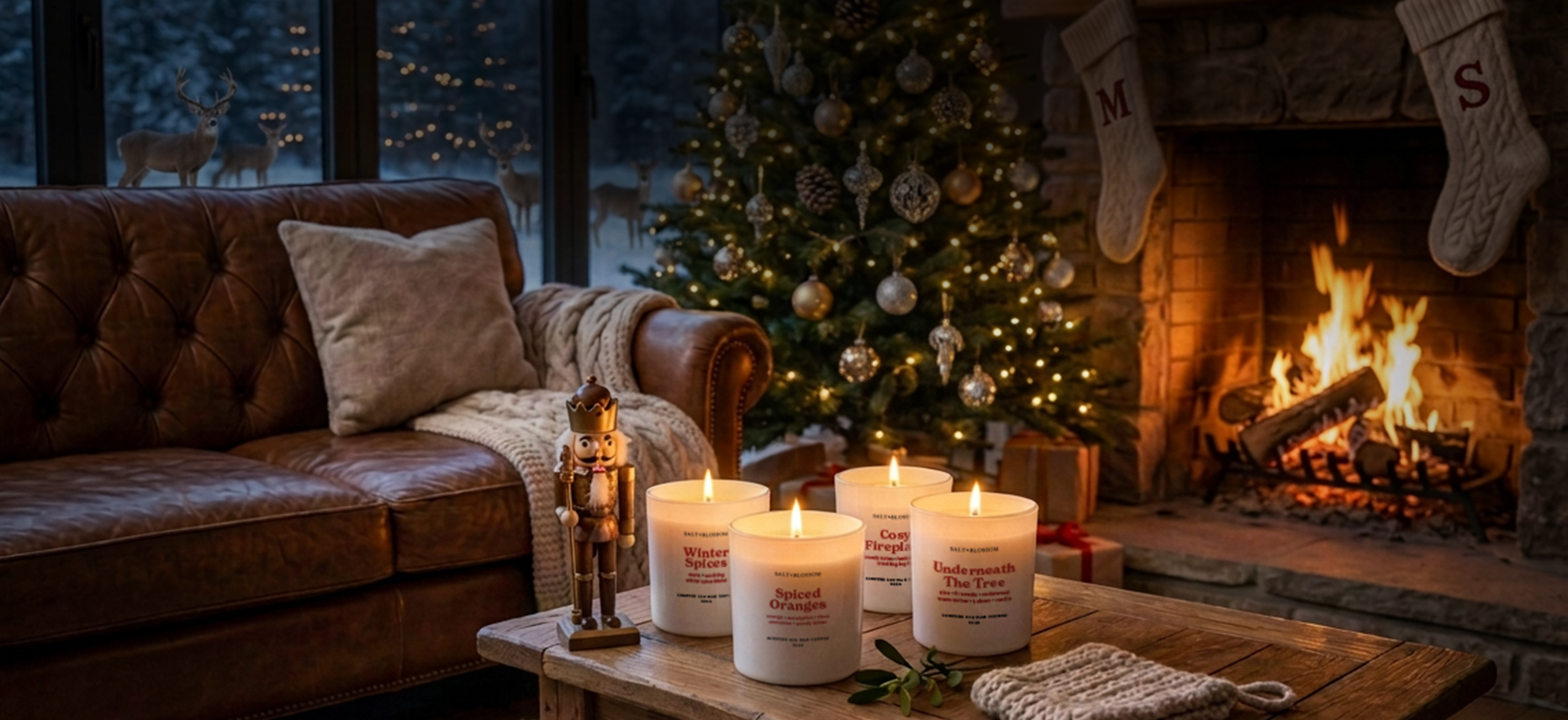 Cosy living room with a leather sofa, Christmas tree decorated with ornaments, lit fireplace, and candles on a wooden coffee table.