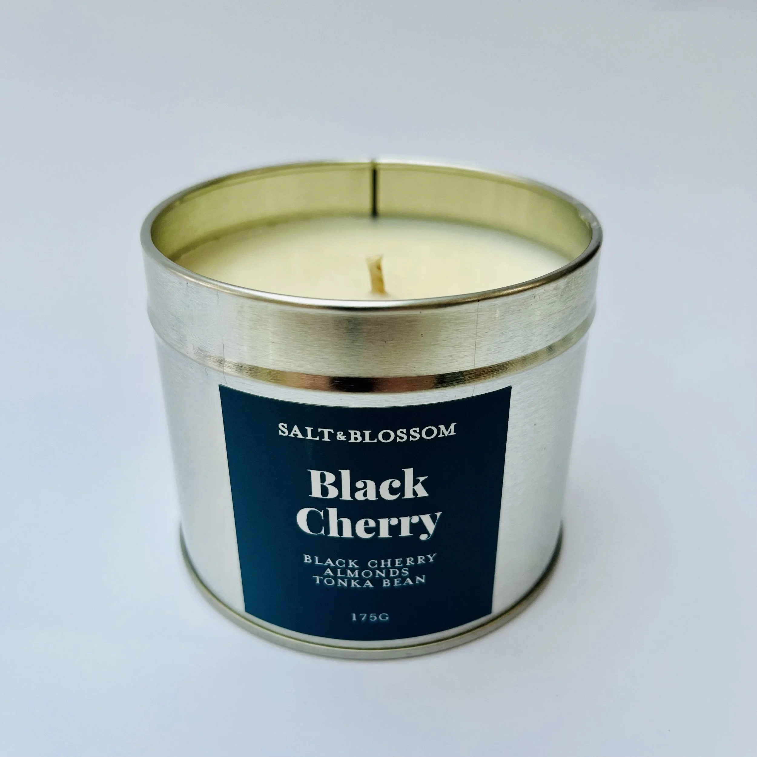 Black Cherry scented candle in silver tin