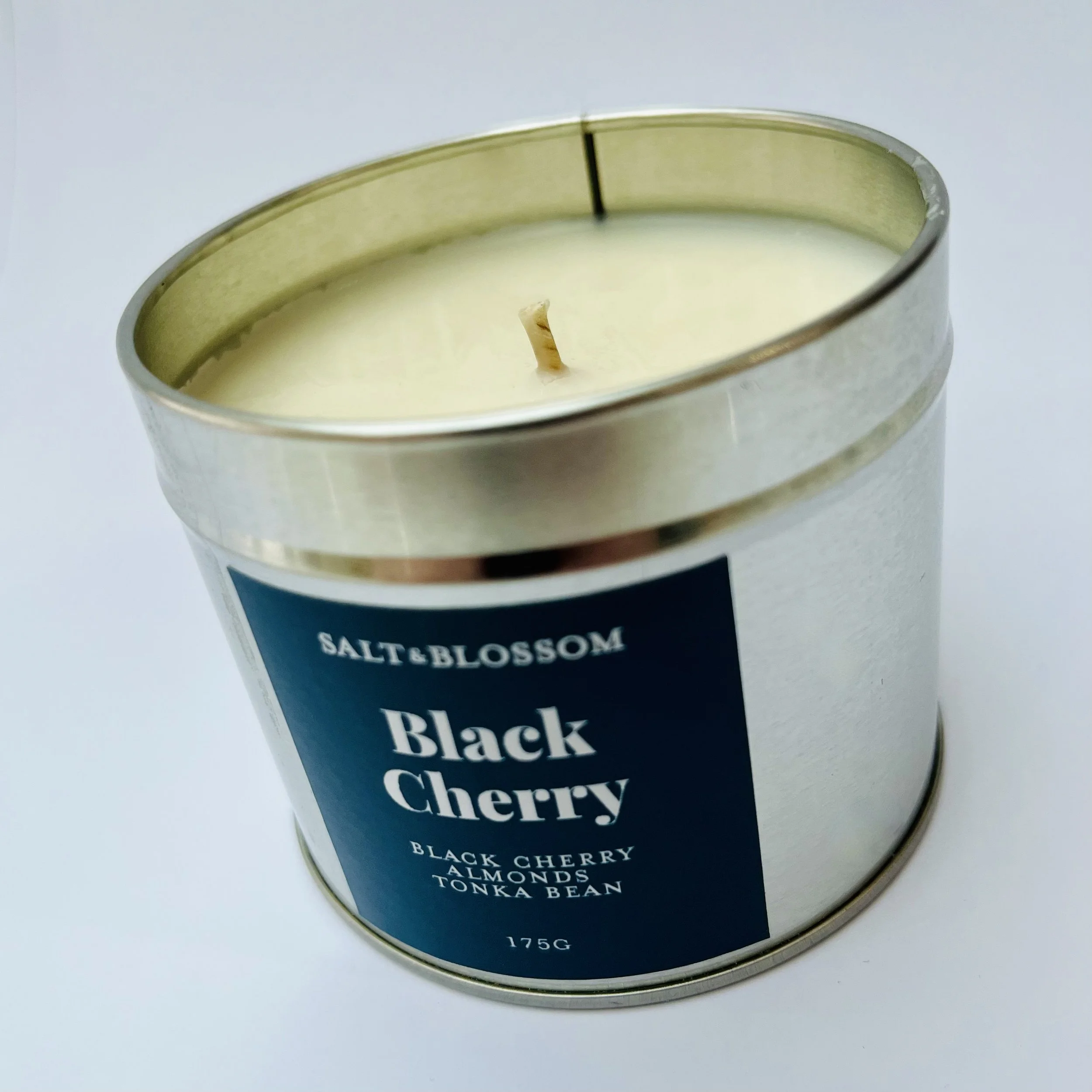 Black Cherry scented candle in silver tin