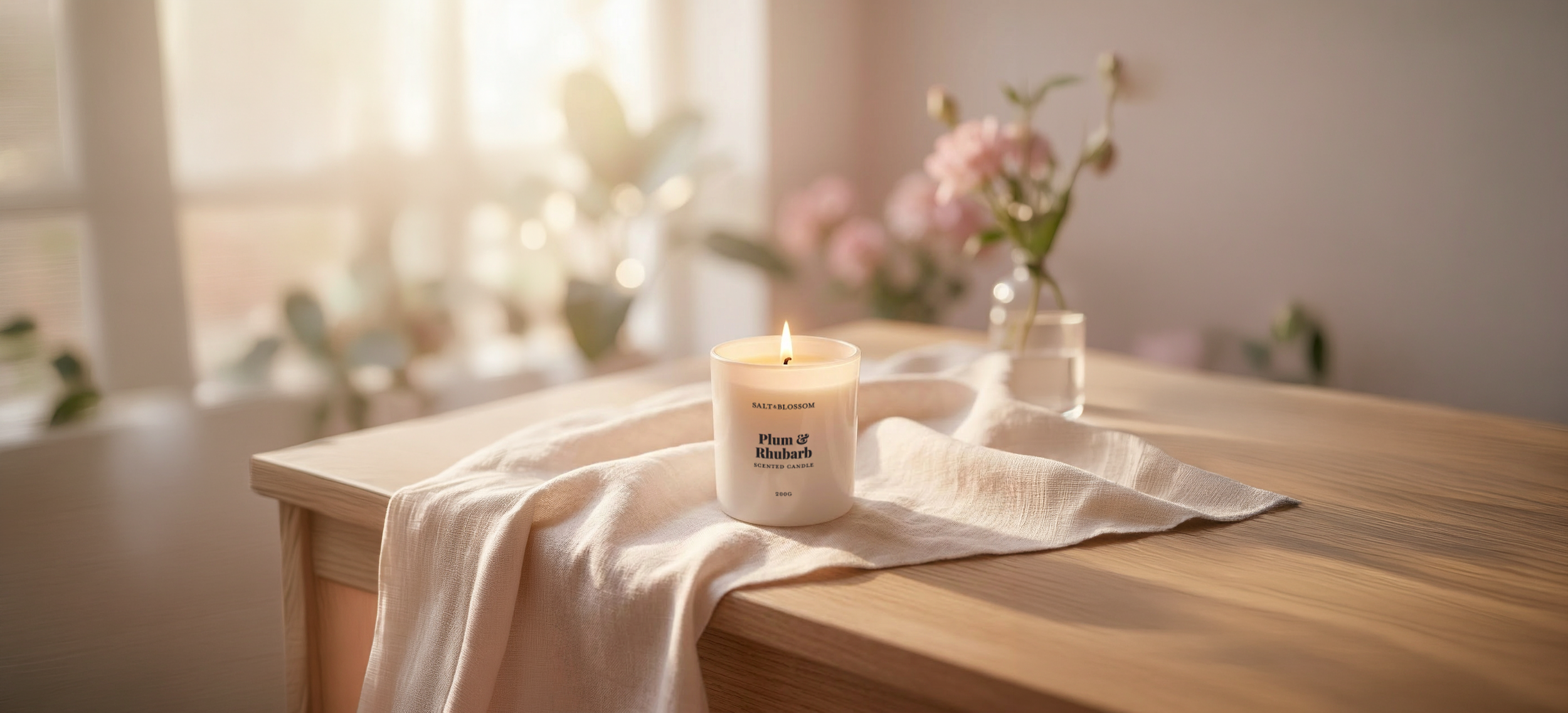 A lit scented candle labeled 'Plum & Rhubarb' on a wooden table with a soft pink cloth, a clear vase with pink flowers, and a window in the background with blurred foliage and sunlight.
