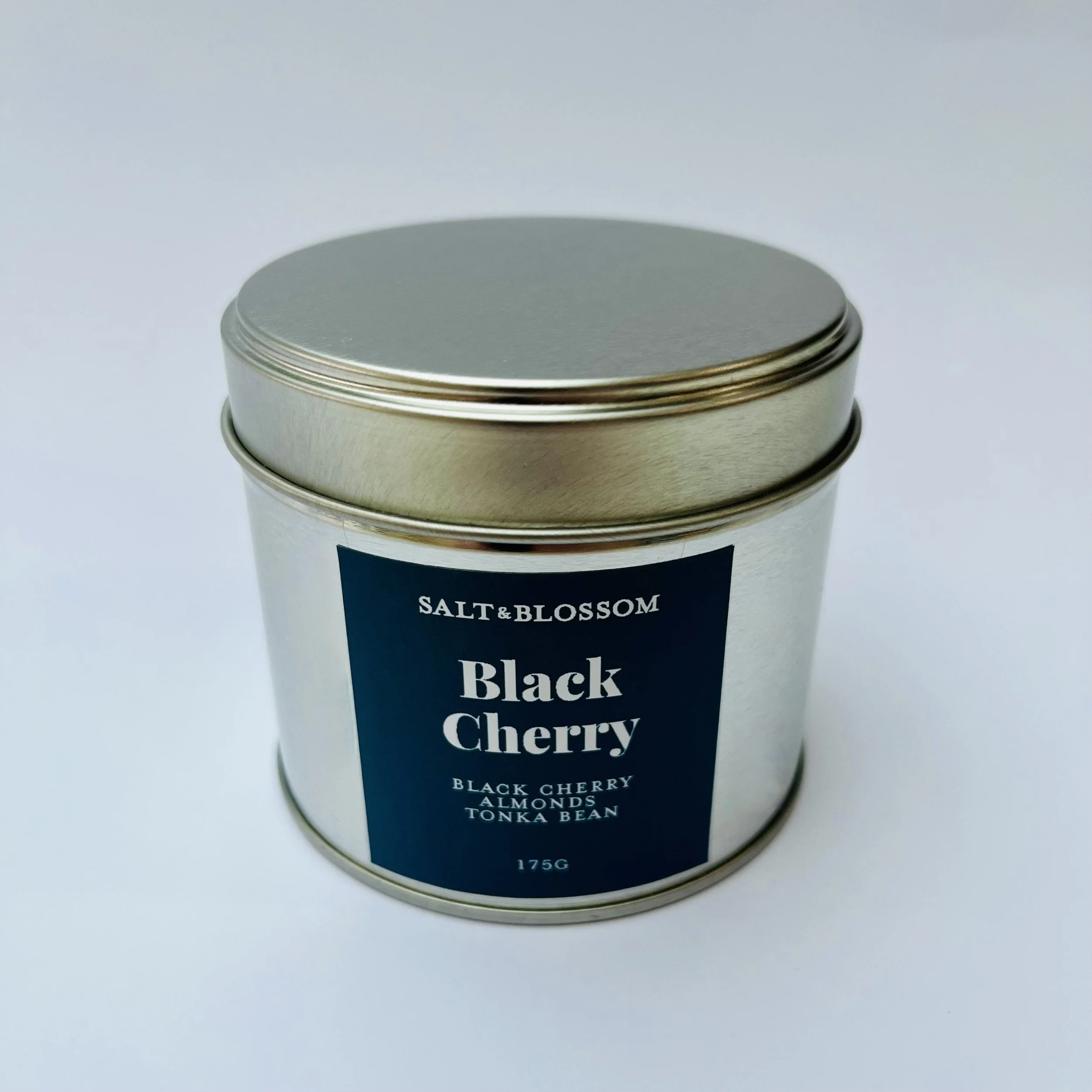 Black Cherry scented candle in silver tin with lid