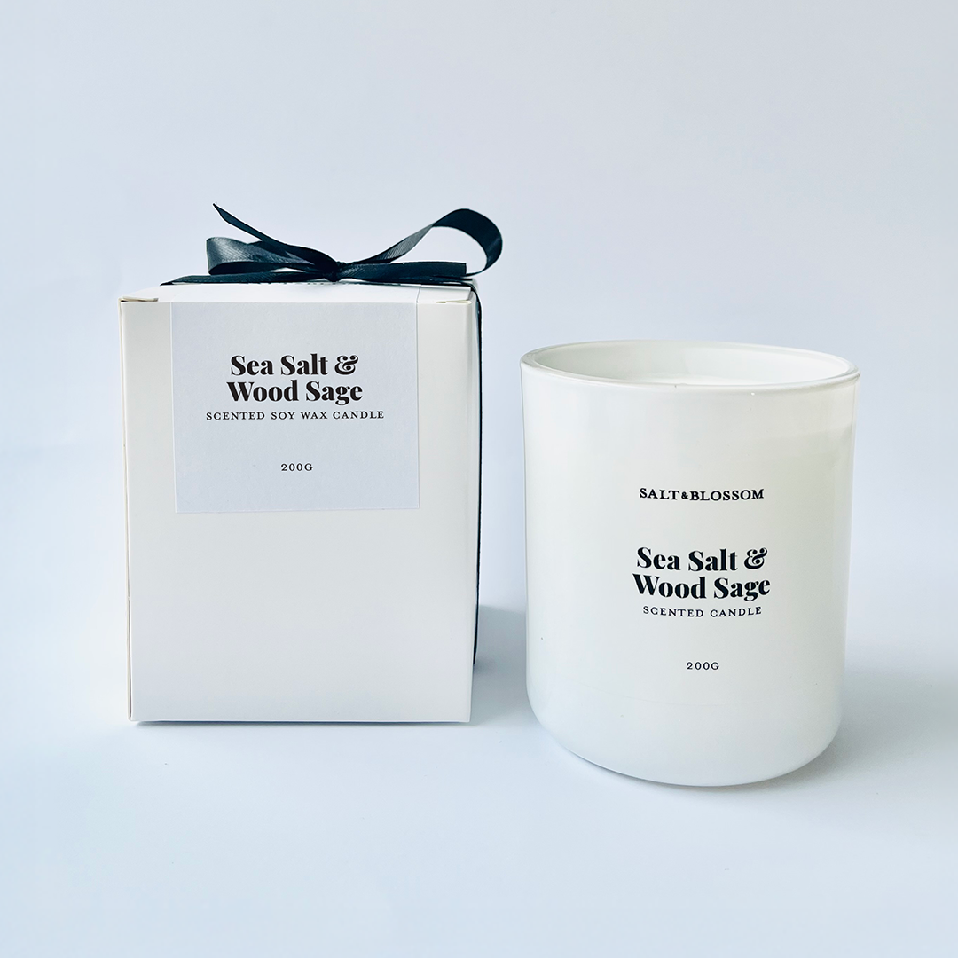 Sea Salt & Wood Sage candle in white jar and box