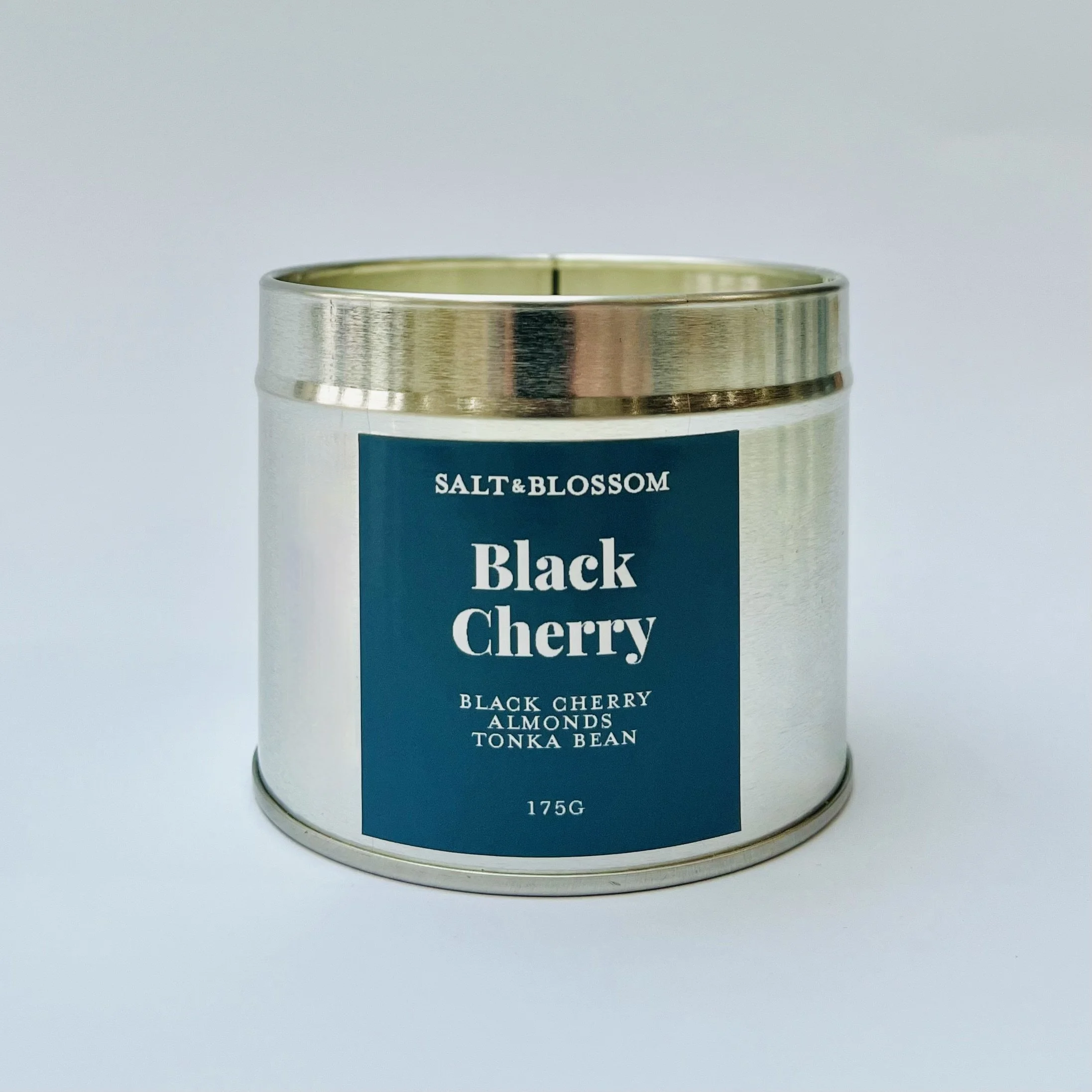 Black Cherry scented candle in silver tin