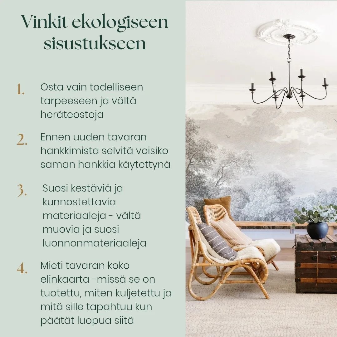 Pikamuodista puhutaan paljon, mutta ent&auml; sama ilmi&ouml; sisustamisessa?  Ekologinen sisustaminen vaatii tietoa ja k&auml;rsiv&auml;llisyytt&auml;, sill&auml; tietoa tuotteiden alkuper&auml;st&auml; tai materiaaleista ei aina ole helposti saatav