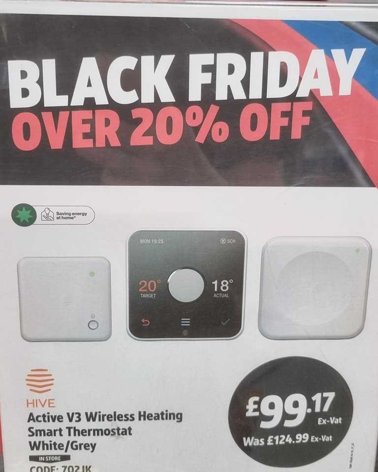 For anyone wanting to upgrade their heating controls to smart heating controls, screwfix have a brilliant deal on a hive for black friday. Rare to see them this cheap. Great to be able to operate from your phone. My install costs for these are from &