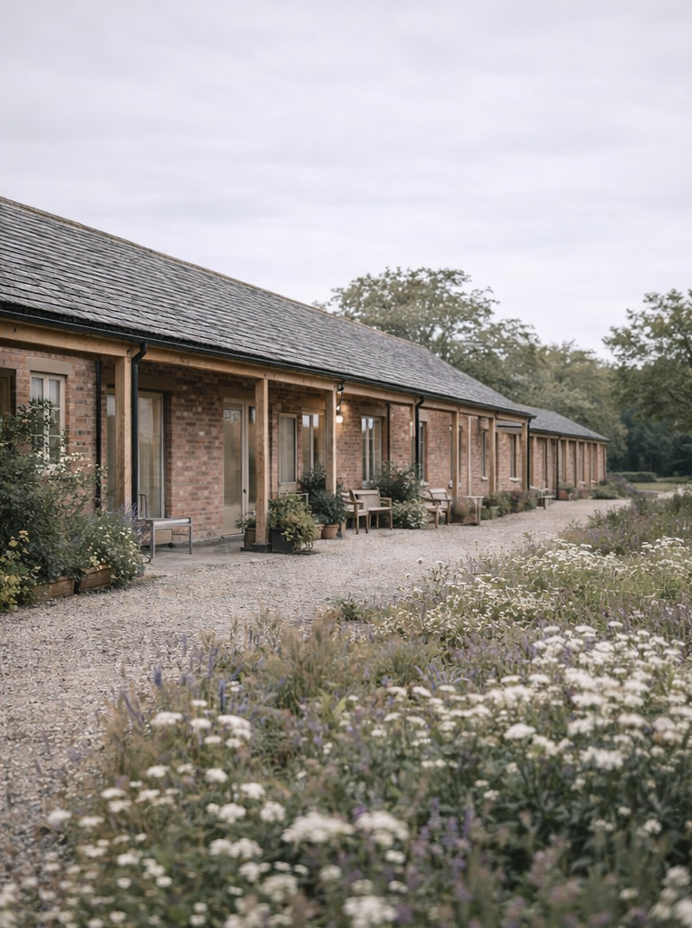 A row of brick cottages with wooden porches and potted plants, set along a gravel path with blooming flowers in the foreground, under a cloudy sky.