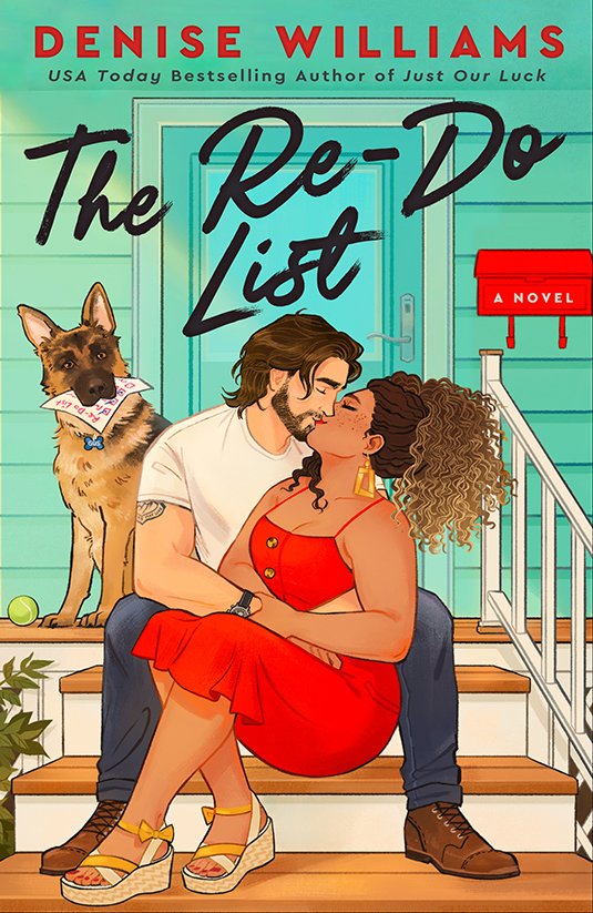 Book cover for 'The Re-Do List' by Denise Williams featuring a couple sitting on front steps, kissing, with a dog holding a list in its mouth and a red mailbox in background.
