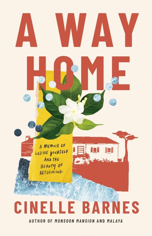 Cover of the book 'A Way Home' by Cinelle Barnes, featuring a yellow pot with green leaves and a white flower, surrounded by blue and white bubbles, a red silhouette of a house, and a torn blue and white patterned background.