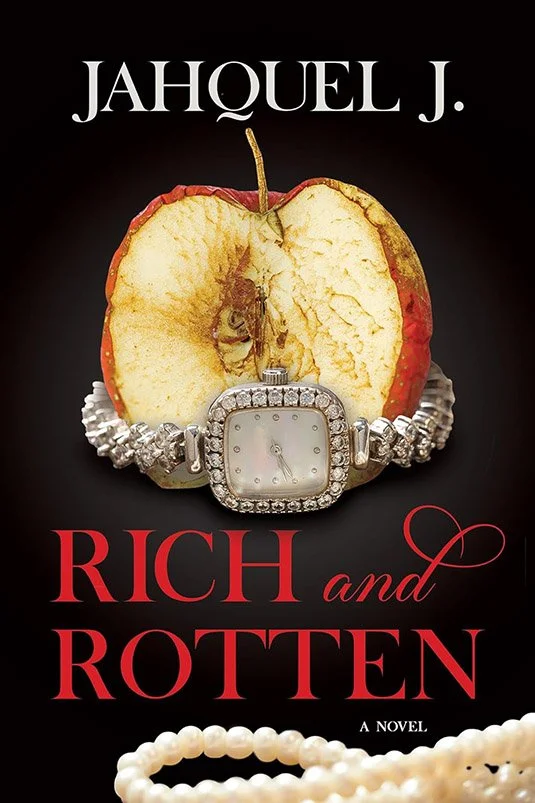Book cover of "Rich and Rotten" by Jahquel J., featuring a halved apple with a bee inside, a jeweled watch, and a pearl necklace on a black background.