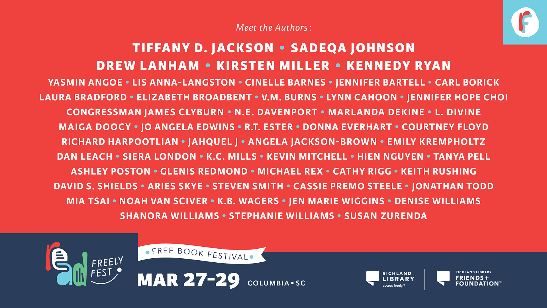 List of authors and event details for Freely Fest at Richland Library, Columbia, SC, March 27-29, with a colorful background and event logos.