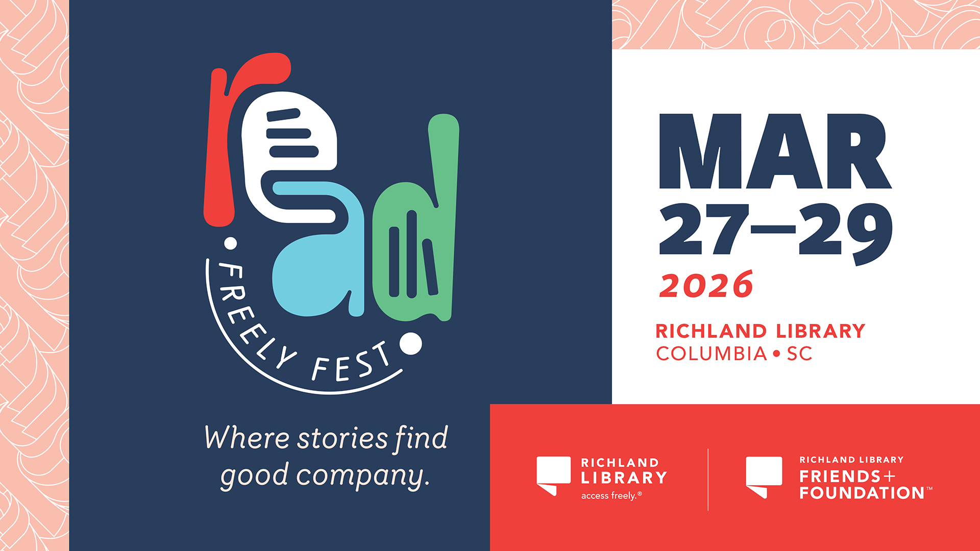 Event poster for FELT Freefy Fest featuring playful artwork of a hand holding a book/phone, with event details including date March 27-29, 2026, at Richland Library in Columbia, SC, and sponsorship logos for Richland Library and Friends + Foundation.