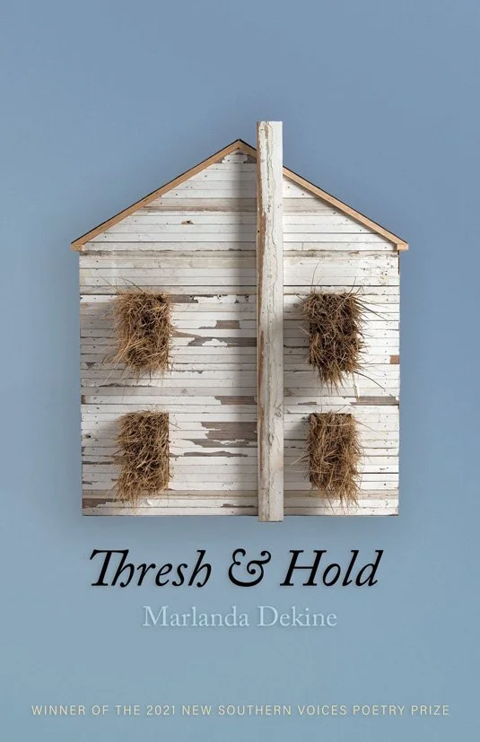 A book cover with a white wooden birdhouse against a light blue background, featuring four small nests and titled 'Thresh & Hold' by Marlanda Dekine.