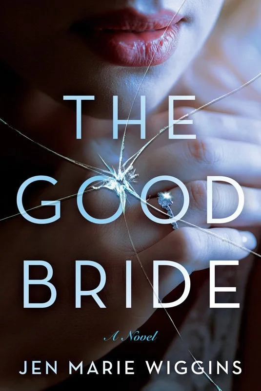 Close-up of a woman about to eat a diamond ring, with shattered glass effect and shattered glass pattern overlay, with the title 'The Good Bride' and author 'Jen Marie Wiggins'.
