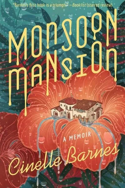 Cover of the book 'Moscon Manor: A Memoir' by Cinelle Barnes. The illustration features a large pumpkin with a house inside, surrounded by dark leaves and a teal background with rain droplets.
