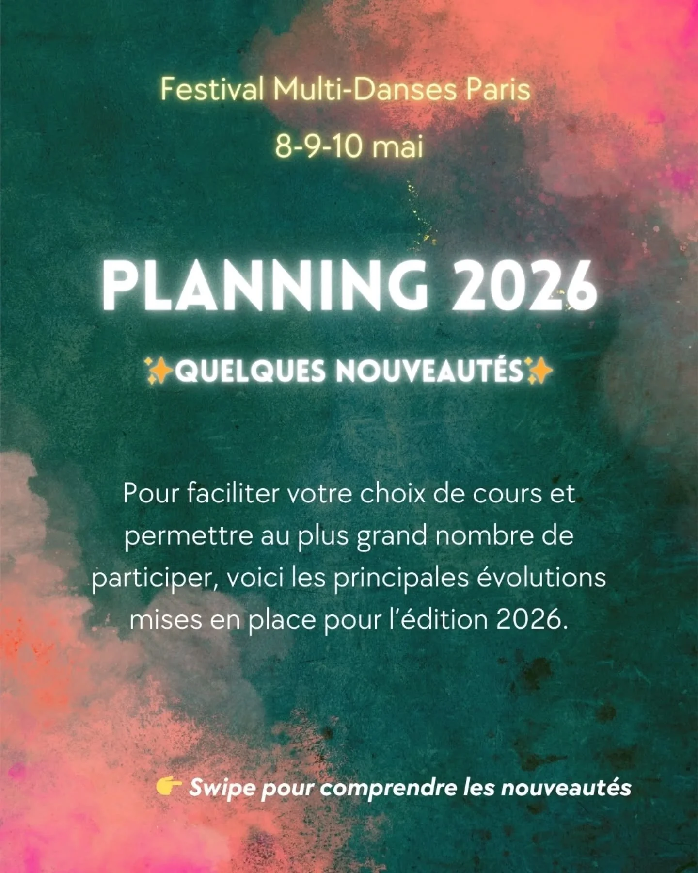 ✨ Quelques nouveaut&eacute;s pour l&rsquo;&eacute;dition 2026 !

Afin de permettre au plus grand nombre de profiter des disciplines propos&eacute;es tout en gardant des conditions de danse agr&eacute;ables, nous avons ajust&eacute; le fonctionnement 