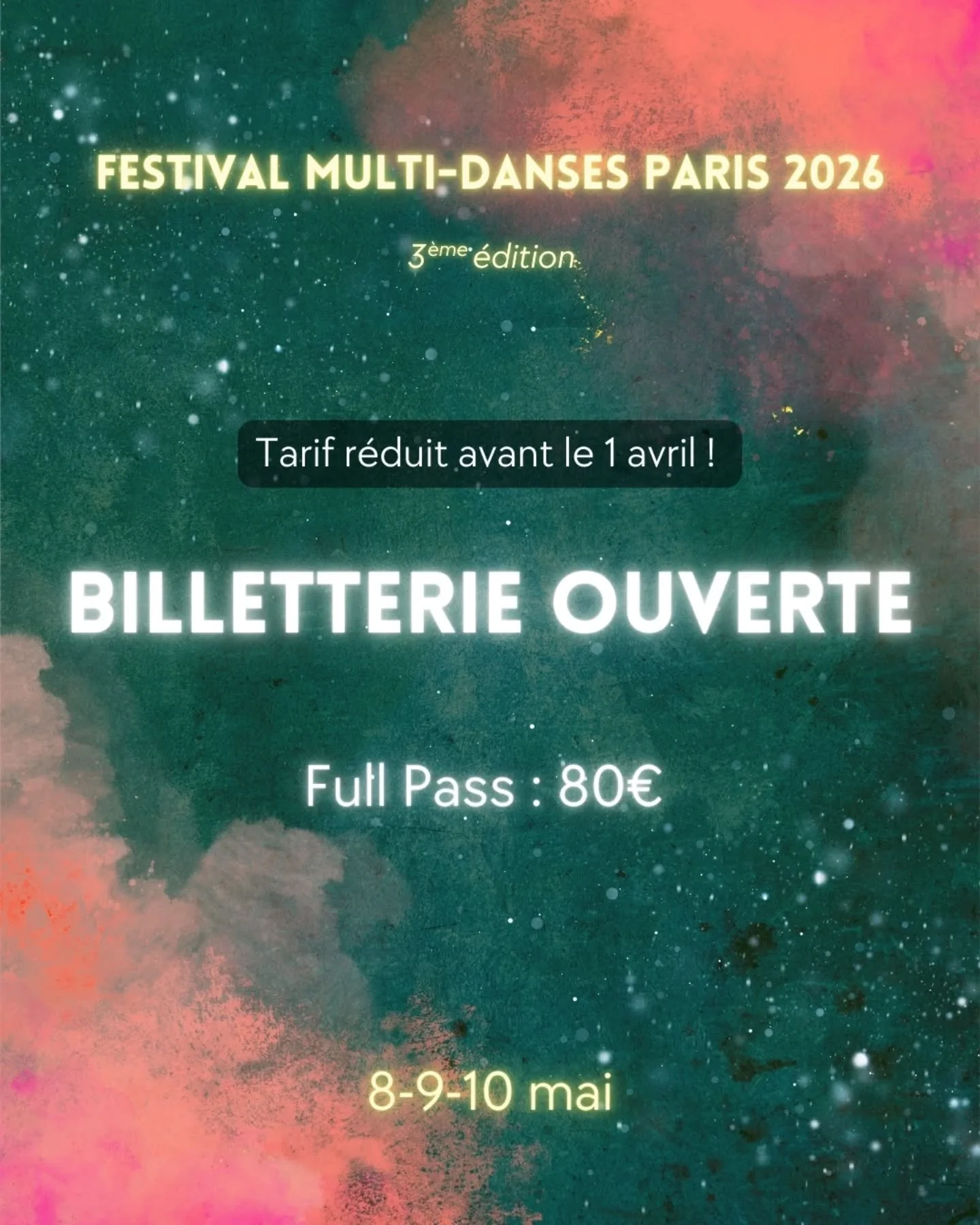 🎟️ La billetterie est ouverte ! 🎟️

Vous pouvez d&egrave;s maintenant r&eacute;server votre place pour le Festival Multi-Danses Paris 2026 💃🕺

✨ Le Full Pass est actuellement disponible au tarif r&eacute;duit de 80&euro; jusqu&rsquo;au 1er avril.