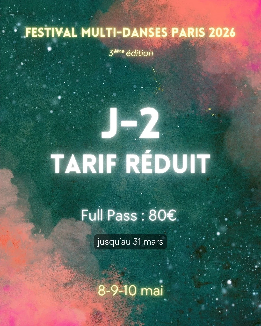 ⏳ Plus que 2 jours pour profiter du tarif r&eacute;duit

C&rsquo;est le moment id&eacute;al pour r&eacute;server votre place au meilleur prix et composer votre programme pour le week-end ✨

📍 Festival Multi-Danses Paris
8&bull;9&bull;10 mai 2026

👉