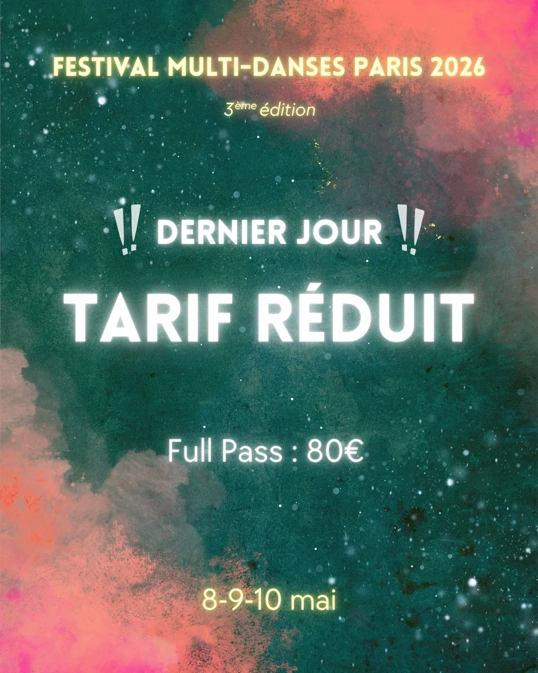 ⏳ Derni&egrave;res heures pour profiter du tarif r&eacute;duit

C&rsquo;est le moment de r&eacute;server votre place et de composer votre week-end de danse ✨

👉 &Agrave; partir de demain, les tarifs &eacute;voluent

📍 Festival Multi-Danses Paris
8&