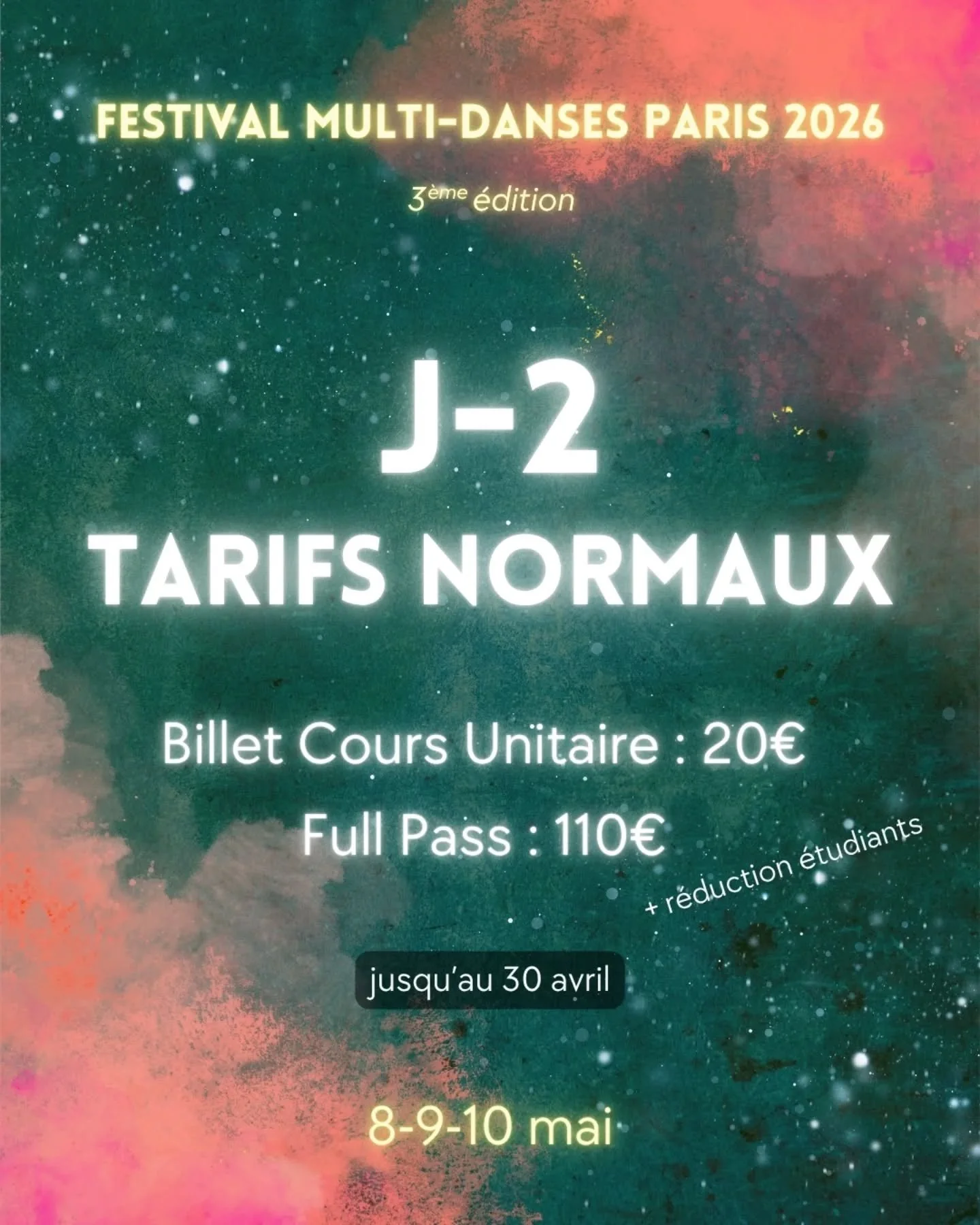 ⏳ J-2 avant le changement de tarifs

C&rsquo;est le moment d&rsquo;en profiter 👀

💃 22 danses &agrave; d&eacute;couvrir
📍 8&ndash;10 mai &agrave; Paris

🎟️ Full Pass : 110&euro;

👉 Les prix augmentent dans 2 jours

👉 R&eacute;serve maintenant (