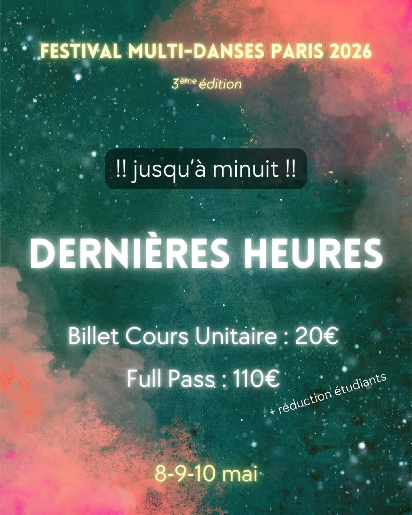 ⏳ Derni&egrave;res heures avant le changement de tarifs

C&rsquo;est le moment d&rsquo;en profiter 👀

💃 22 danses &agrave; d&eacute;couvrir
📍 8&ndash;10 mai &agrave; Paris

🎟️ Full Pass : 110&euro;

👉 &Agrave; minuit, les prix augmentent

👉 R&e