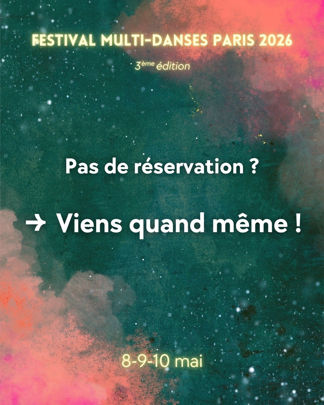 Tu n&rsquo;as pas r&eacute;serv&eacute; ?
👉 Tu peux quand m&ecirc;me venir au festival

Des cours restent accessibles tout le week-end
(notamment en RDC)

🎟️ Sur place :
 &bull; Full Pass 
 &bull; Pass journ&eacute;e
 &bull; Cours &agrave; l&rsquo;