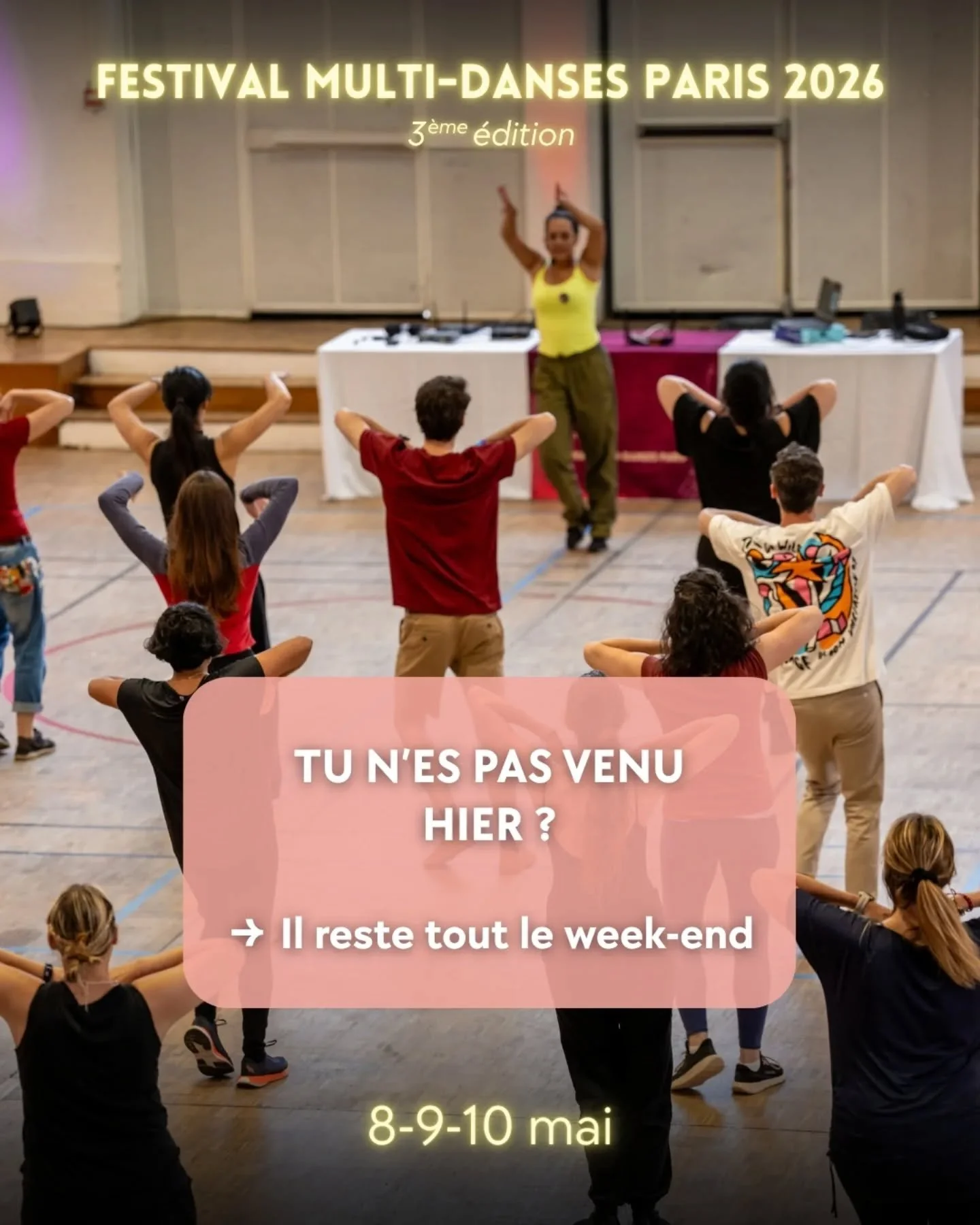 Tu n&rsquo;as pas pu venir hier ?
👉 Il reste encore 2 jours pour en profiter

✔️ Cours accessibles
✔️ Tous niveaux
✔️ Ambiance conviviale

Aujourd'hui :

✨ Rock
✨ Duo Acro (venir avec un partenaire)
✨ Valse sociale
✨ Reggaeton
✨ Salsa portoricaine
✨