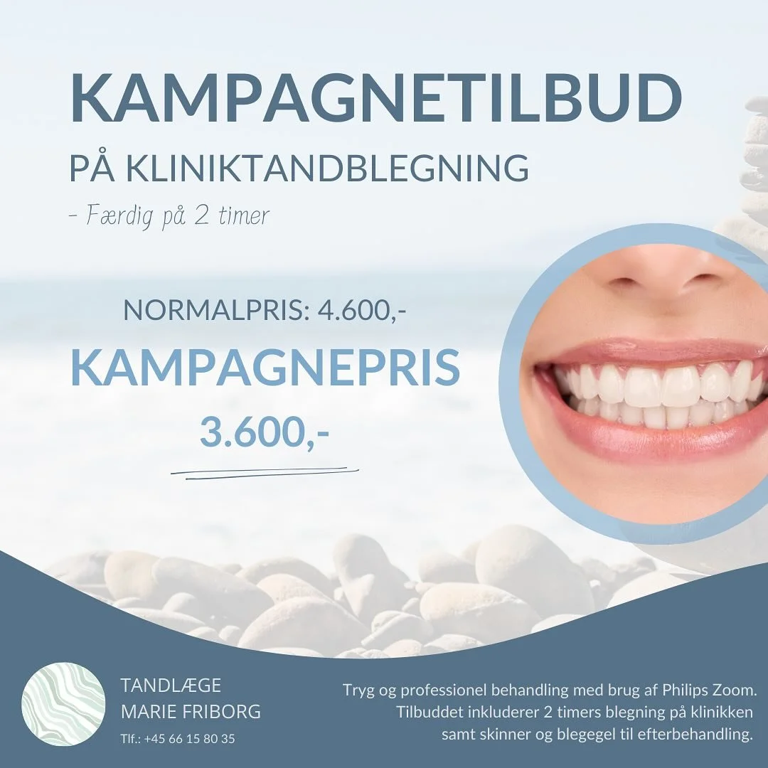 🦷 TILBUD PÅ TANDBLEGNING 🦷
Ønsker du et flottere smil i det nye år? Så bestil en tid hos os til en tryg og professionel kliniktandblegning 🤩
Lige nu kører vi et kampagnetilbud på behandlingen til 3.600,-
(no