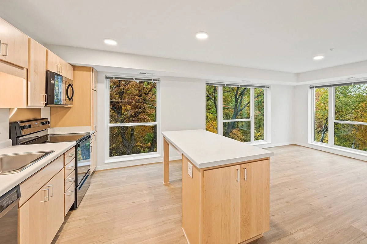 Apartment kitchen and living room with a beautiful Fall view in The Theodore Apartments in Minneapolis, Minnesota