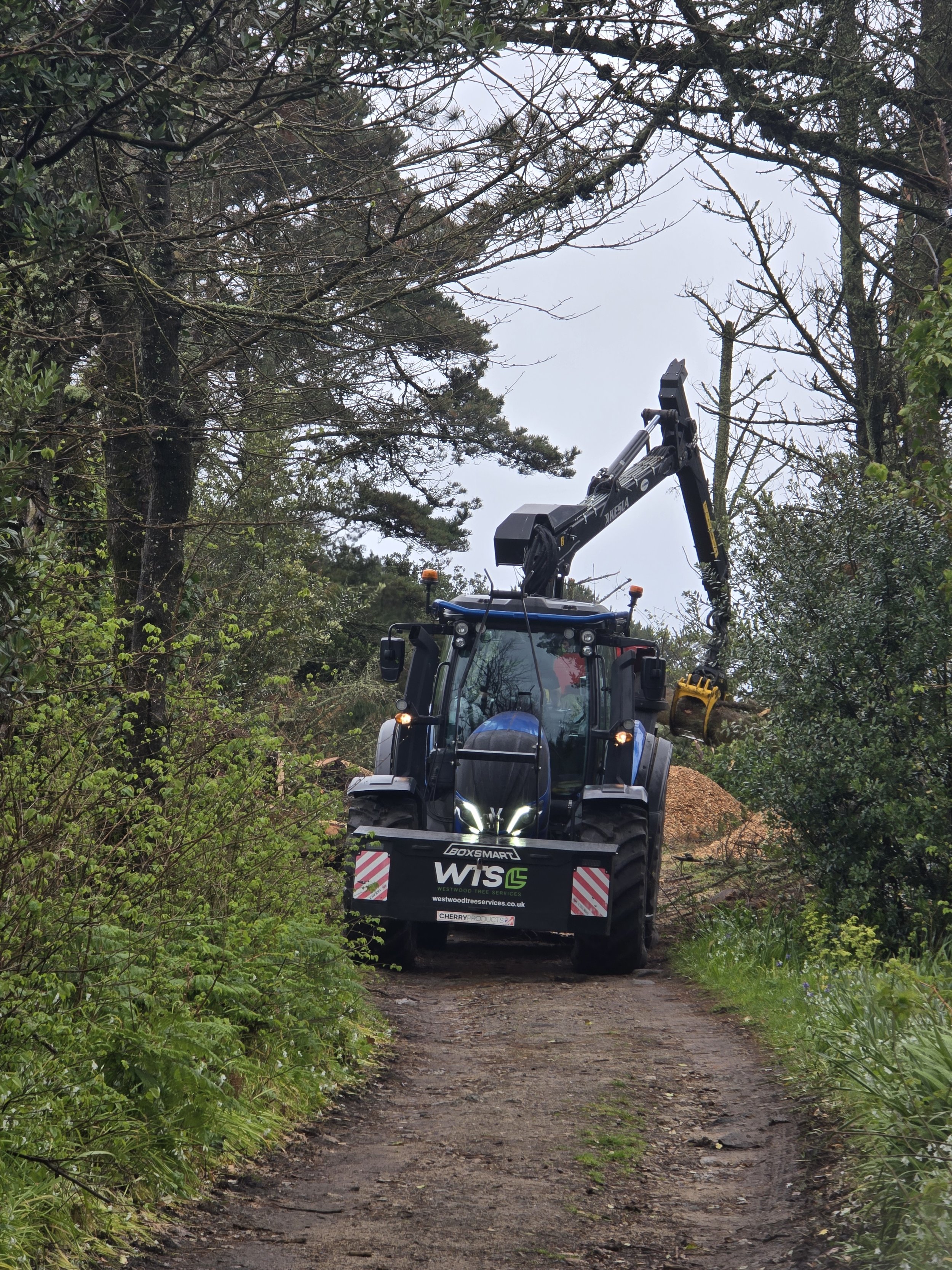 A tractor is driving on a dirt path through a dense, green forest with trees and bushes on either side. The tractor has a crane attachment and is decorated with various logos and signs.