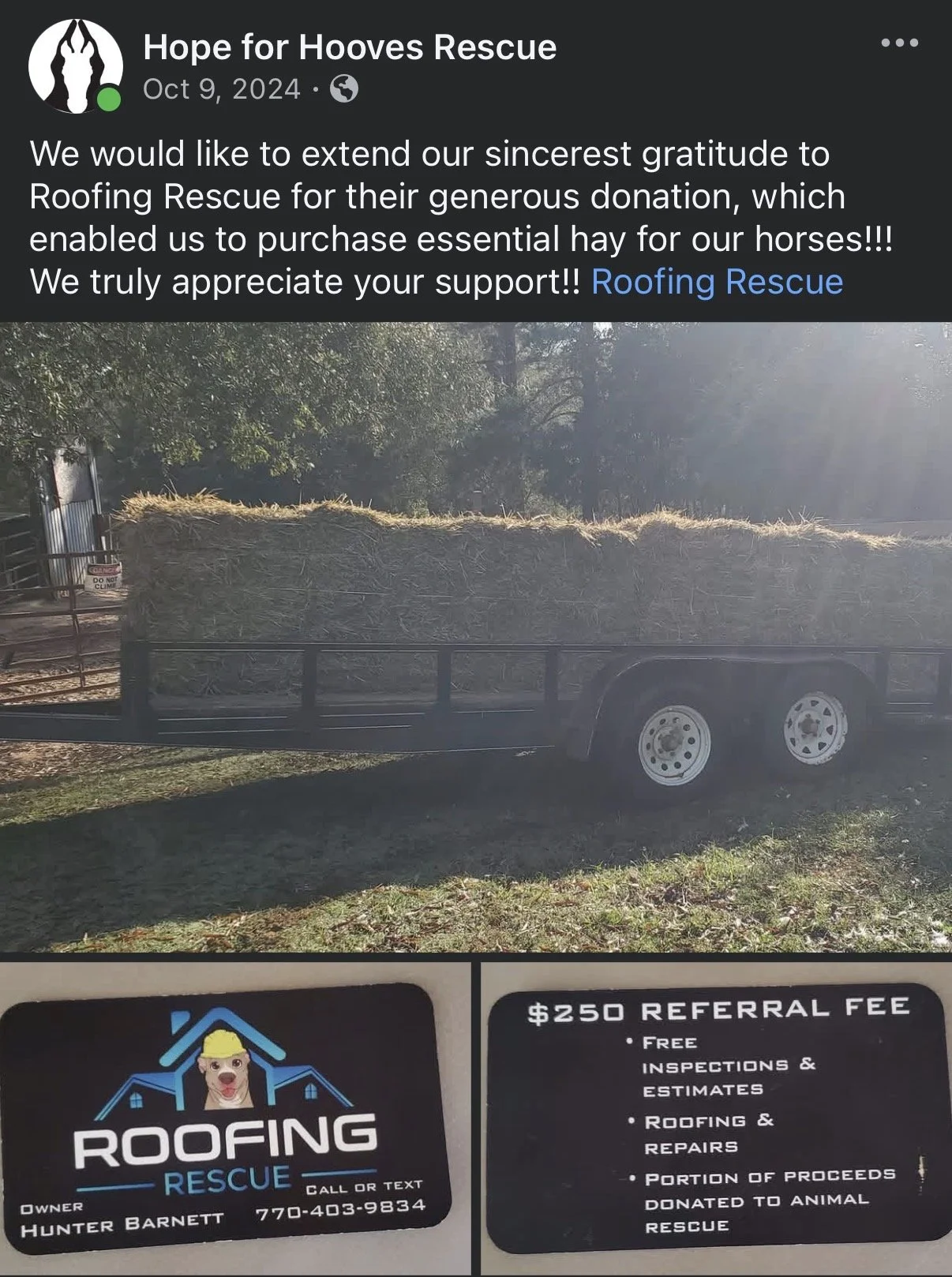 Georgia Roofing Rescue Helps Provide Hay for Rescued Horses
