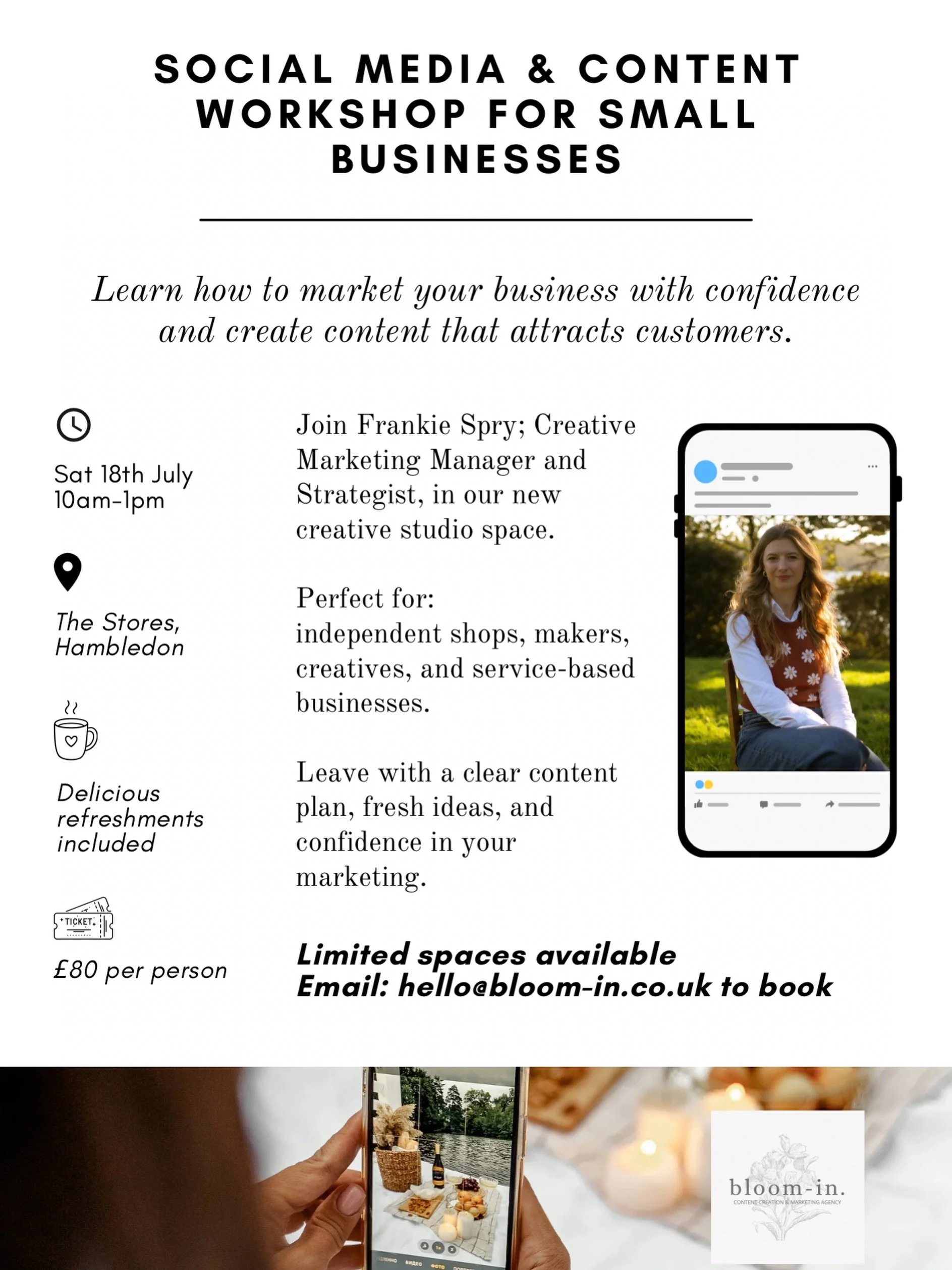 New workshop alert 🚨✨ 

And our first event in our studio space here at The Stores, Hambledon! 

Do you have a business that lacks consistency and creative direction online? Or you&rsquo;re not sure where to start? Frankie will give you all the tool