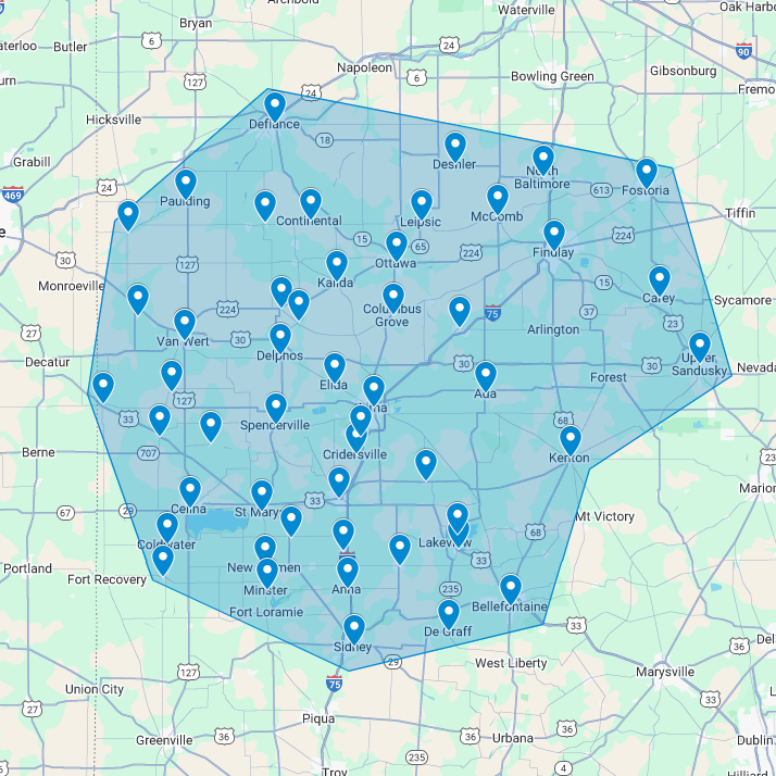 Map showing the service  area of the TLC located in Lima Ohio offering window & exterior washing.