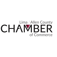Logo of the Lima-Allen County Chamber of Commerce, featuring the name with a pink triangle pointing downward in the center.