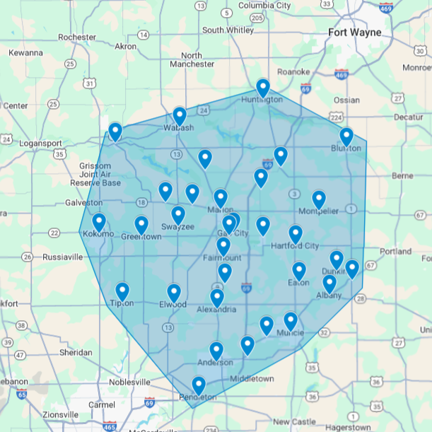 Map showing the service  area of the TLC located in Marion Indiana offering window & exterior washing.
