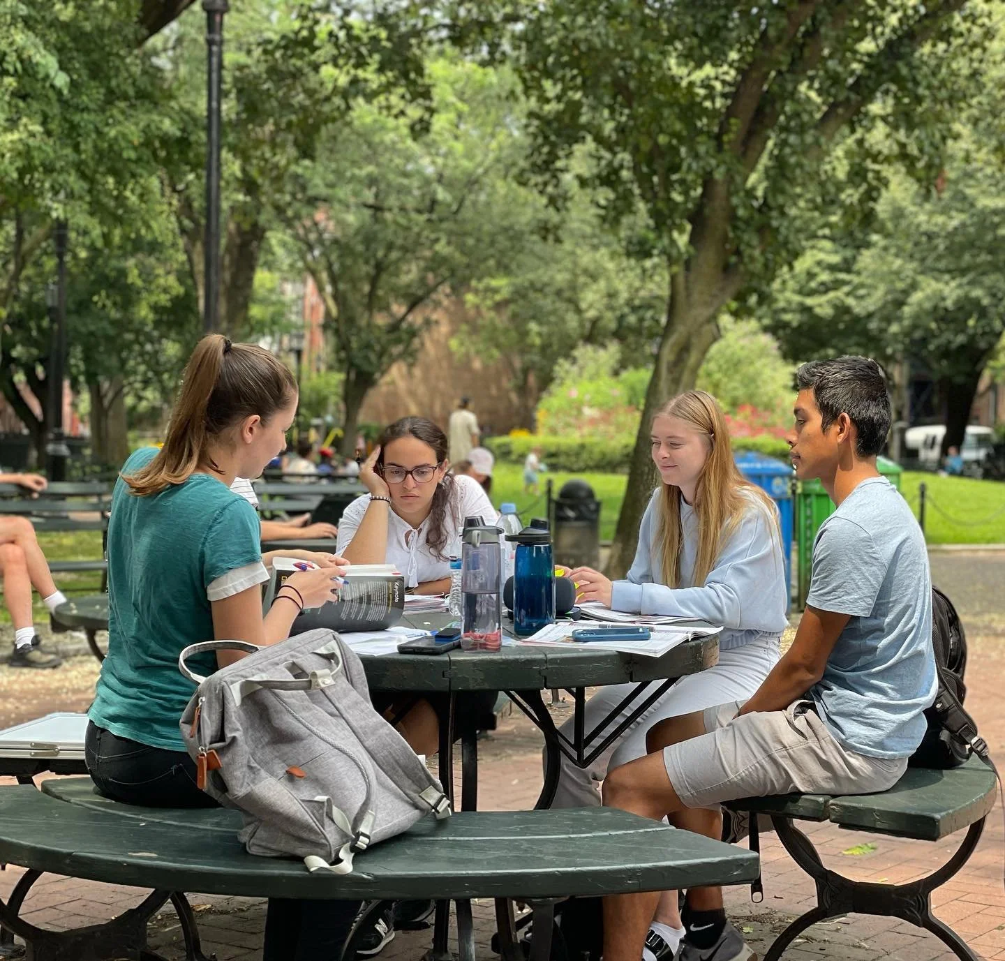 Four young people sitting at a park table, studying and talking, with trees and a walking path in the background.