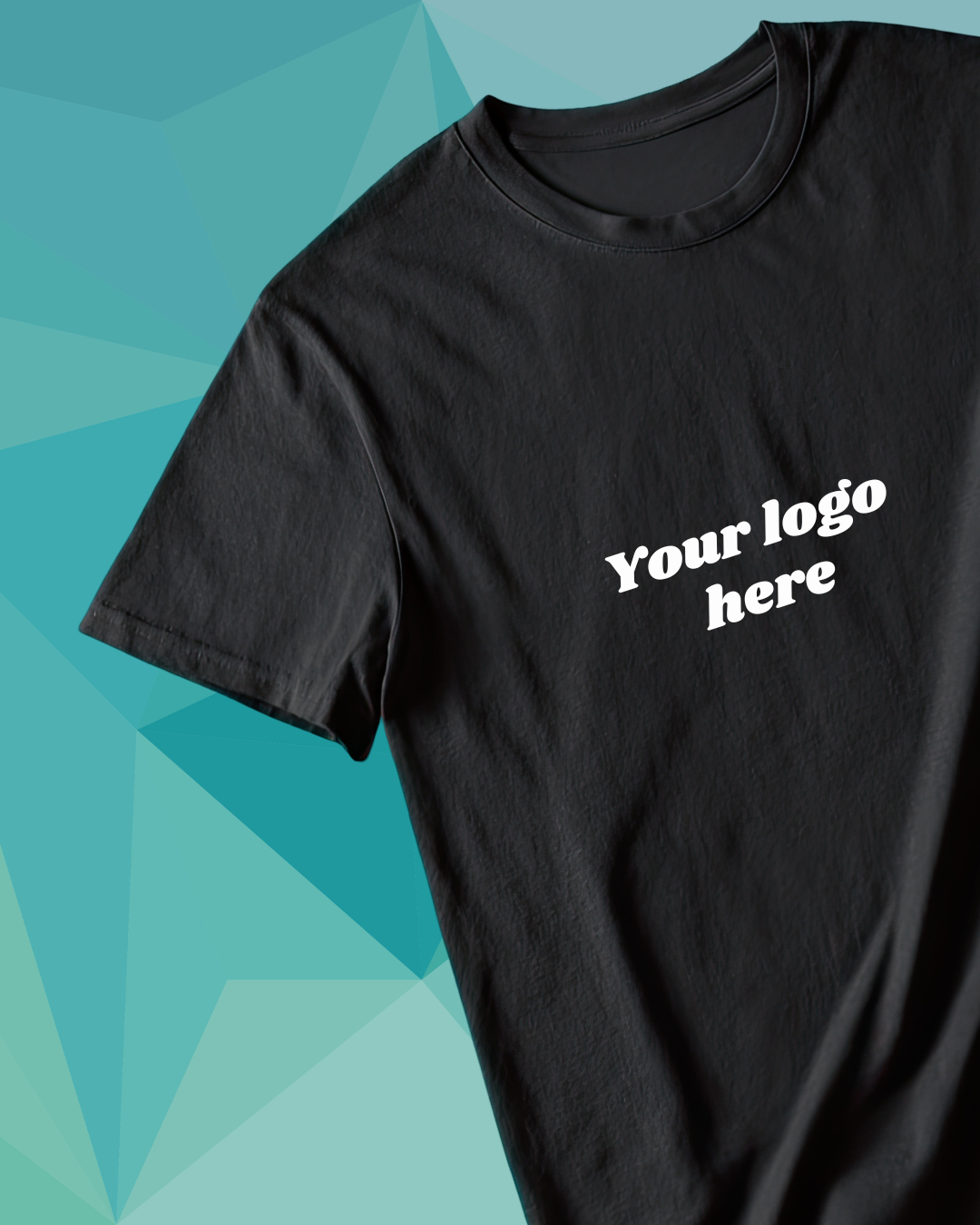 Black t-shirt with white text that says 'Your logo here' on a blue geometric background.