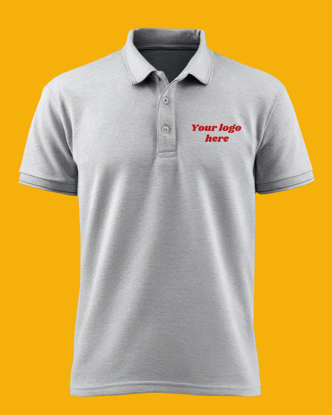 Gray polo shirt with red text that says 'Your logo here' on a yellow background.