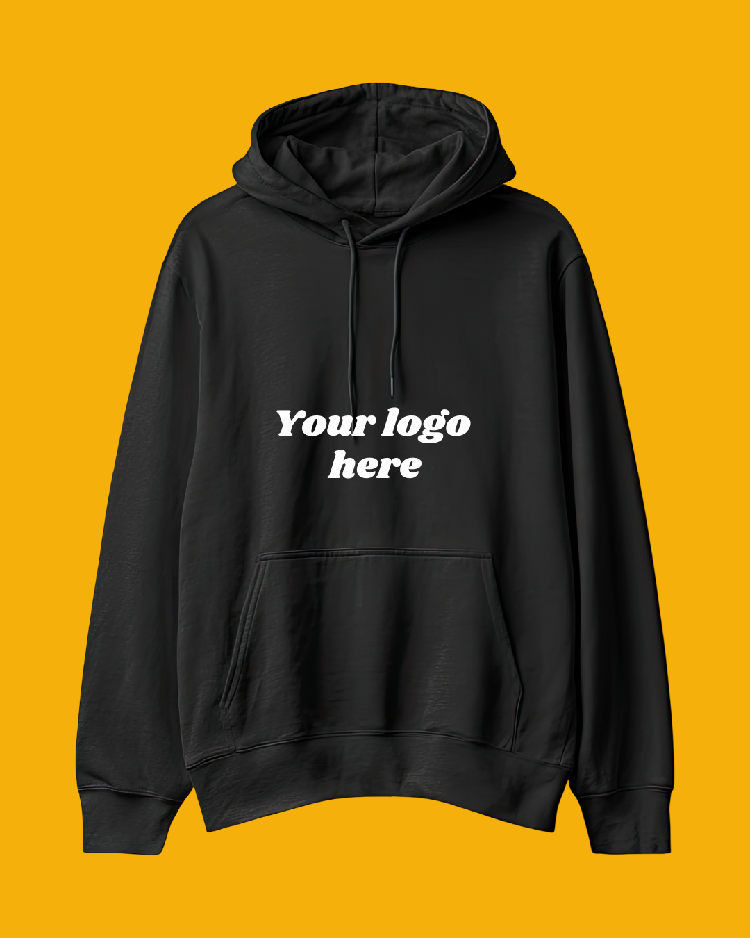 Black hoodie with a front pocket and drawstring hood, displayed against a yellow background, with placeholder text 'Your logo here' on the front.