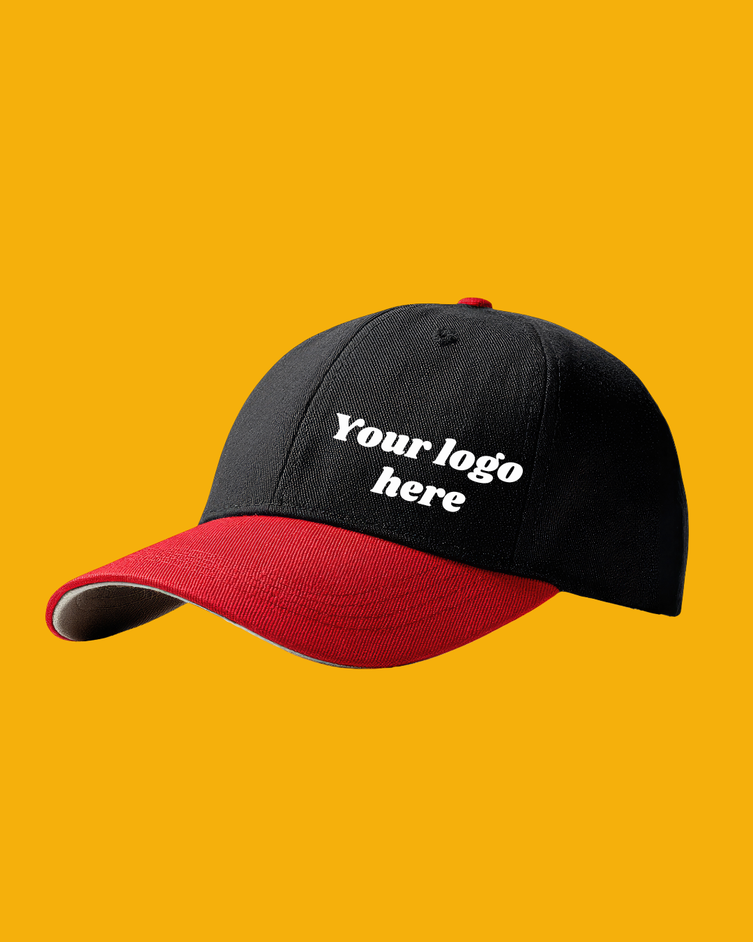 A black and red baseball cap with space for a custom logo on the front, set against a yellow background.
