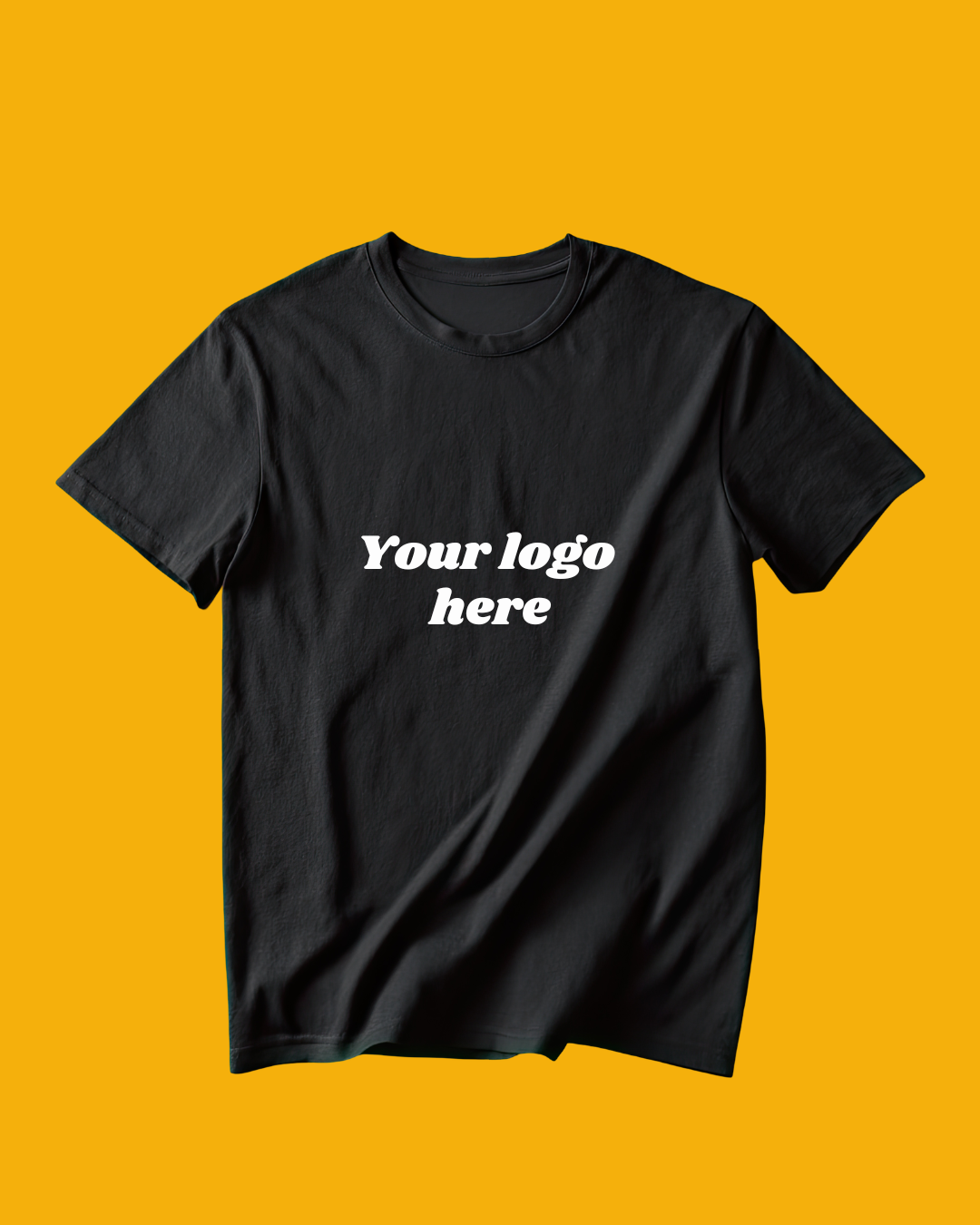 Black t-shirt with white text that says "Your logo here" on a yellow background.
