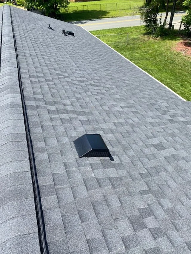 A gray shingled roof with a roof vent and a smaller vent pipe, with a green yard and trees in the background.